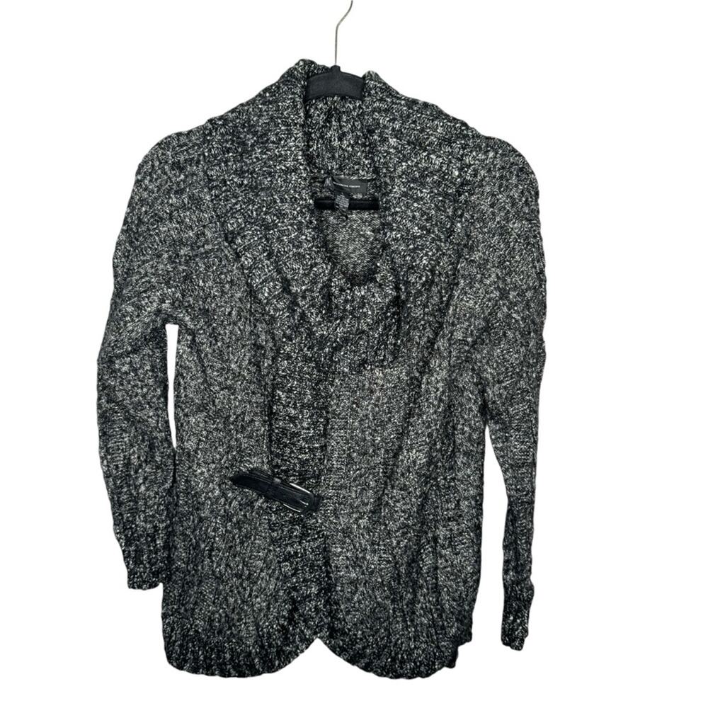 INC / gray chunky knit cowl neck faux belt front pullover sweater / L